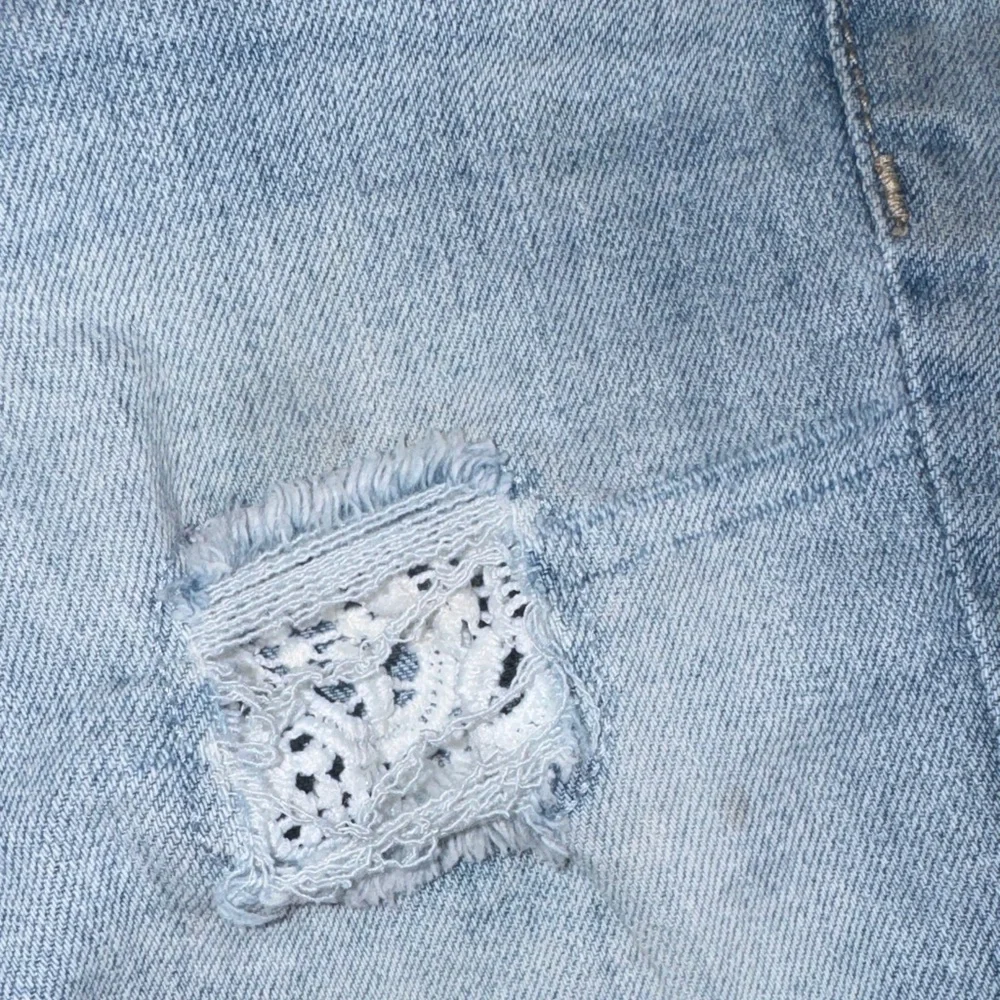 SO Light Blue Distressed Denim Shorts with Lace Insets - Picture 5 of 6